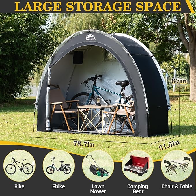 Happy Travel Bike Storage Shed Tent,Outdoor Portable Bicycle Storage Sheds with 210D Oxford Fabric PU4000 Waterproof for 2/3/4/6/8 Bikes,Bike Covers Shelter for Motorcycle,Garden Tools,Toys,Lawn Mower