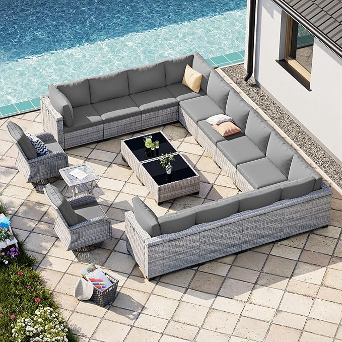 17-Piece Patio Furniture Set, Outdoor Patio Furniture with Swivel Chairs Set, Thick Cushions, Modular Patio Sofa, Dual-Strand Wicker Rattan, Rust-Resistant Frame, Grey