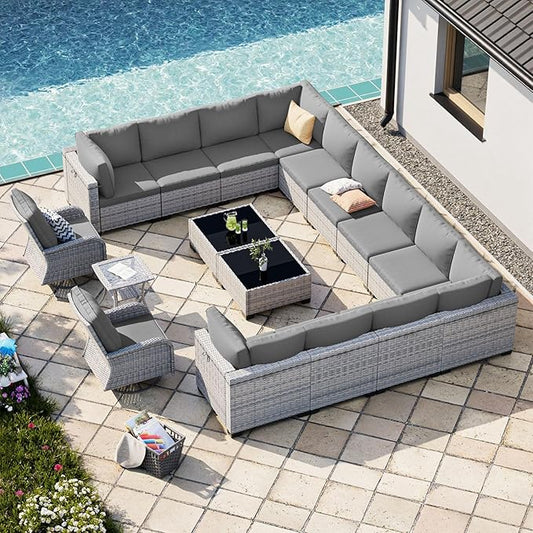 17-Piece Patio Furniture Set, Outdoor Patio Furniture with Swivel Chairs Set, Thick Cushions, Modular Patio Sofa, Dual-Strand Wicker Rattan, Rust-Resistant Frame, Grey