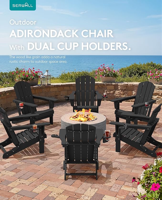 SERWALL Folding Adirondack Chair, Dual Cup Holders & All-Weather HDPE, Wood-Like Patio Chair for Backyard, Camping，Pool & Fire Pit- Black