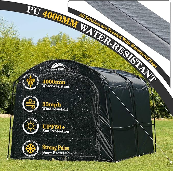 Happy Travel Bike Storage Tent, Outdoor 8×7×6.3ft Large 2-in-1 Portable Shed More 30% Top Space W/Double Doors with Mesh, Outside Lawn Mower Shelter and Bicycle Cover for Patio Furniture, Garden Tools