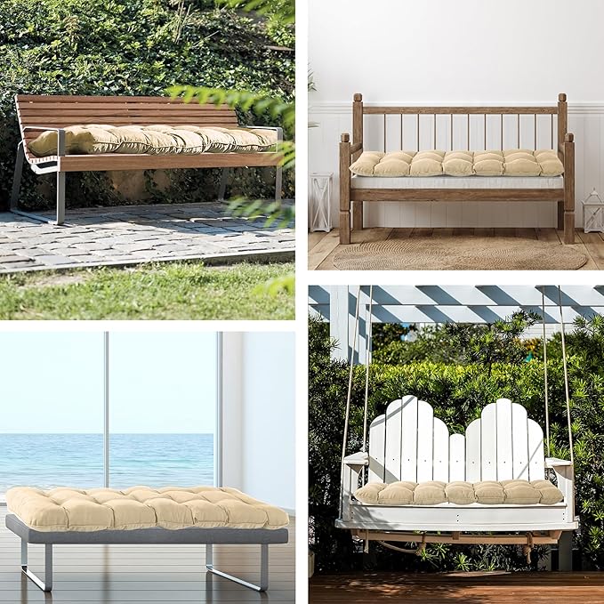 Outdoor Bench Cushion, 59x18x5 Inch, Waterproof Bench Cushion for Outdoor/Indoor Furniture, Tufted Patio Bench Seat Cushion, Fade Resistant Outdoor Cushions for Porch Swing Couch, Beige