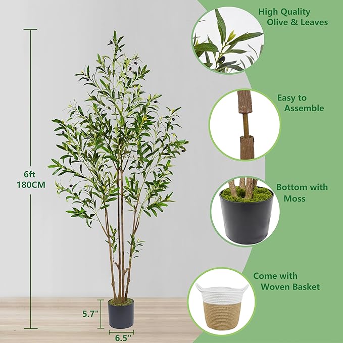 6ft (71”) Artificial Olive Tree, Tall Fake Olive Plant with Basket, Faux Olive Silk Tree for Mordern Indoor Home Livingroom Office Floor Corner Décor