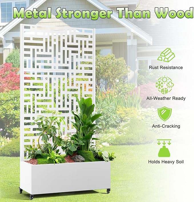 15.7"×70.9"×35.4" Metal Raised Garden Bed with Trellis and Wheels - Tall Trellis Planter Box for Climbing Plants, Vegetables & Vines - Outdoor Privacy Planters for Patio (White-Helen)