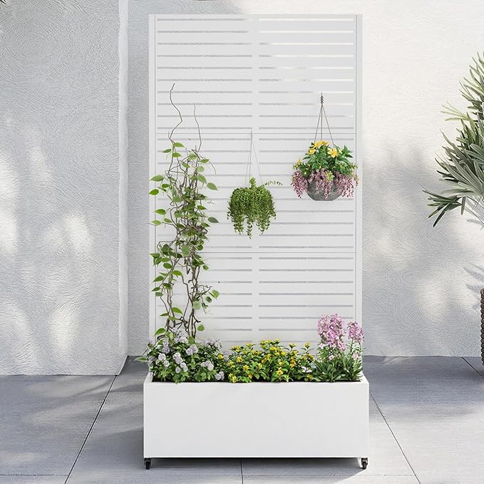 Metal Raised Garden Bed with Trellis & Wheels,70" x 35"x 15.7" Planter Box with Trellis,Privacy Planters for Patio,Garden Bed for Climbing Plants,Suitable for Climbing Plants and Vegetables,White