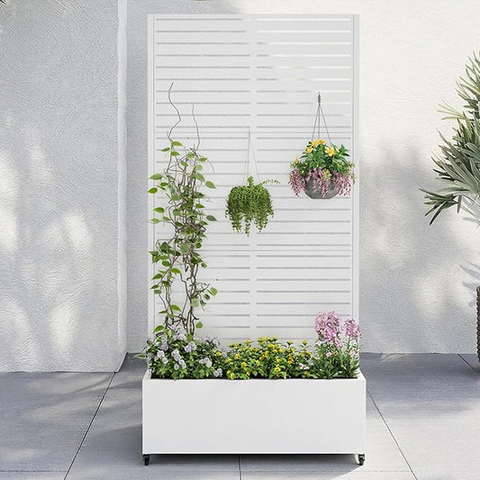 Metal Raised Garden Bed with Trellis & Wheels,70" x 35"x 15.7" Planter Box with Trellis,Privacy Planters for Patio,Garden Bed for Climbing Plants,Suitable for Climbing Plants and Vegetables,White