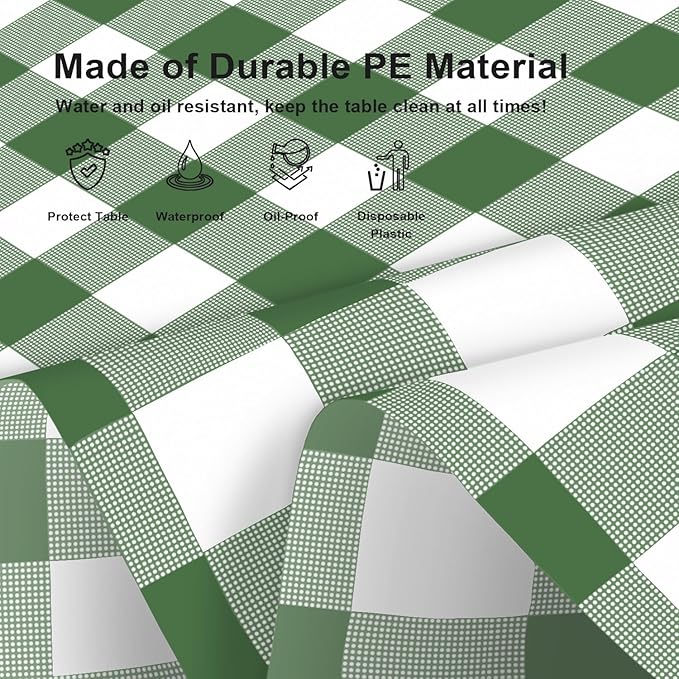 6 Pack Sage Green and White Checkered Tablecloth, Plastic Table Cloths for Parties Disposable, 54x108 in Waterproof Rectangular Gingham Camping Tablecloth for Birthday, Party, Baby Shower