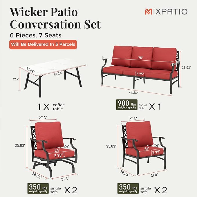 Patio Furniture Set 6 pcs, Outdoor Patio Furniture, 1 X 3-Seat Sofa, 2 X Single Chairs, 2 X Rocker Chairs, 1 X Coffee Table and 5.75" Extra Thick Cushion, Patio Conversation Set,Red