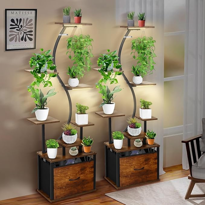 2 Pack Plant Stand Indoor With Grow Lights, 8 Tiered Plant Shelf With Light, 62" Tall Metal Plant Rack, Grow Light Shelf Flower Holder, Stability Upgrade, Heavy-Duty Pipe, Large Fabric Drawer