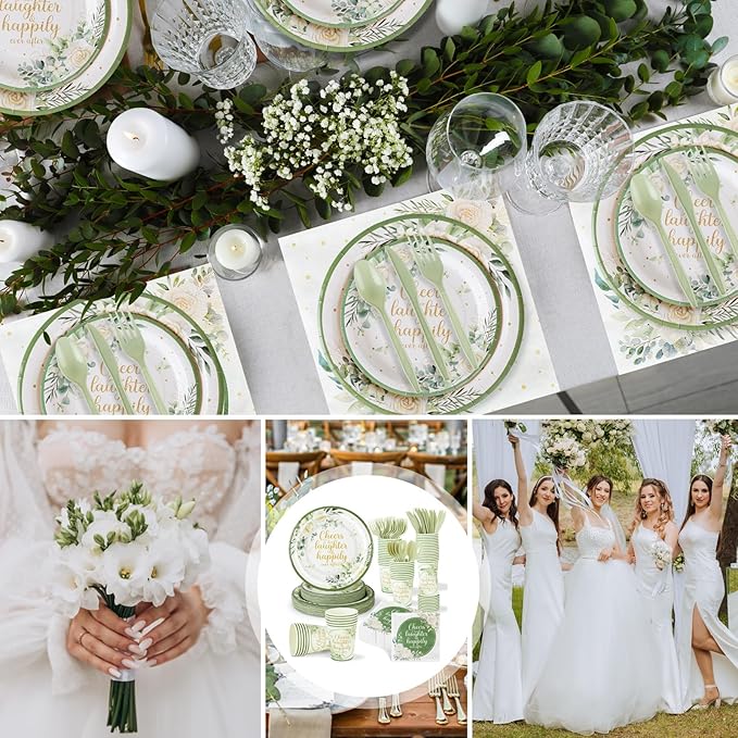 350 Pcs Eucalyptus Leaves Bridal Shower Paper Plates Napkins Cups Disposable Sage Green Tableware Set With Knives Forks Cheers to Love Party Favors for 50 Guest Wedding Engagement Decor