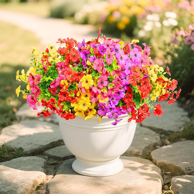 Artificial Flowers for Outdoors, 12 Bundles Outdoor Faux Plants,Uv Resistant Artificial Fake Flowers Plants, Realistic Spring Decor for Porch, Patio, Yard (RedYellowPurple)