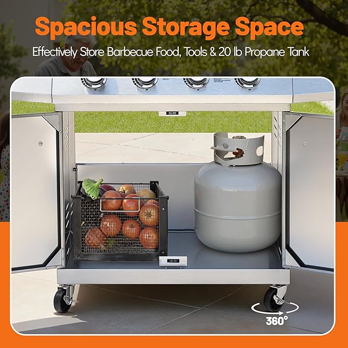 5-Burner Propane Gas Grill with Side Burner, 50,000 BTU, Stainless Steel 4+1 BBQ Grill, Porcelain-Enameled Cast Iron Grates,Locking Casters, Outdoor Grill for Patio & Backyard