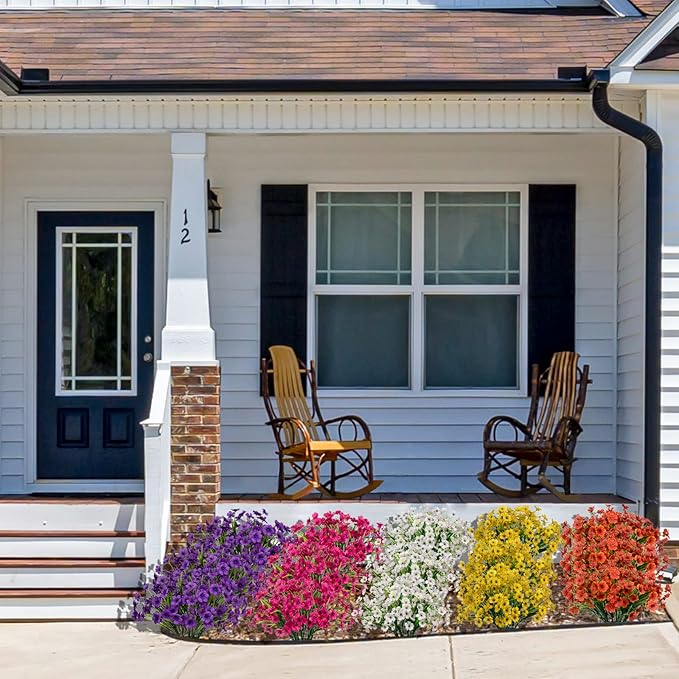 15 Bundles Artificial Flowers Outdoor UV Resistant Fake Silk Plants Plastic Faux Shrubs Outside Front Porch Window Box Garden Home Hanging Planter Decoration (White)