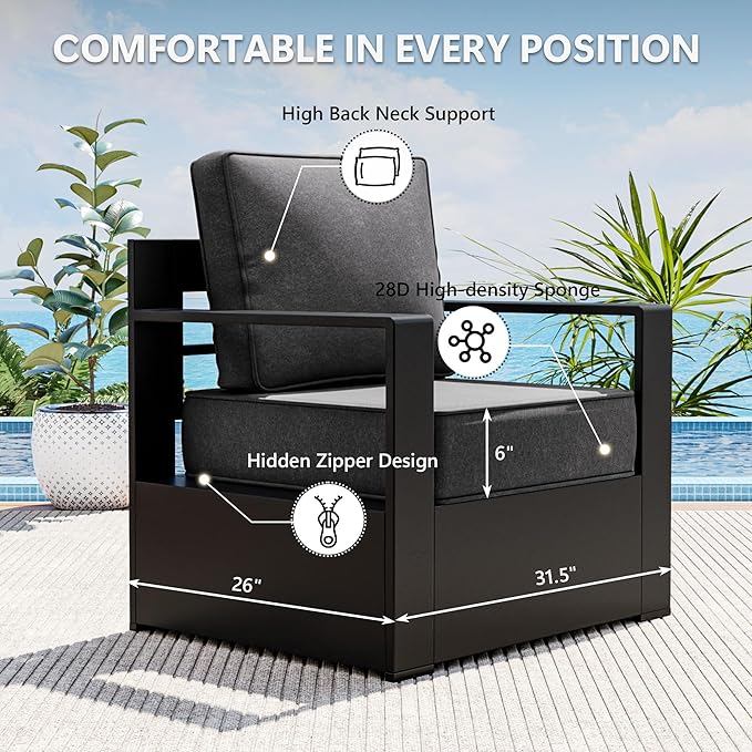 Outdoor Patio Furniture Set, 4-Piece Aluminum Patio Conversation Set All-Weather Metal Outdoor Sectional with 6 Inch Thick Cushions, Deep Setting for Garden, Outside and Porch