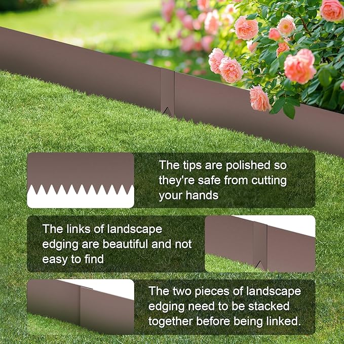 6PCS Rust Steel Landscape Edging Kit, 40" L x 6" H (20ft Total) Galvanized Steel Landscape Lawn Edging Powder for Lawn Yard, Coated Bendable Metal Strips, No-Dig Hammer-in Edging Border w/7Clips