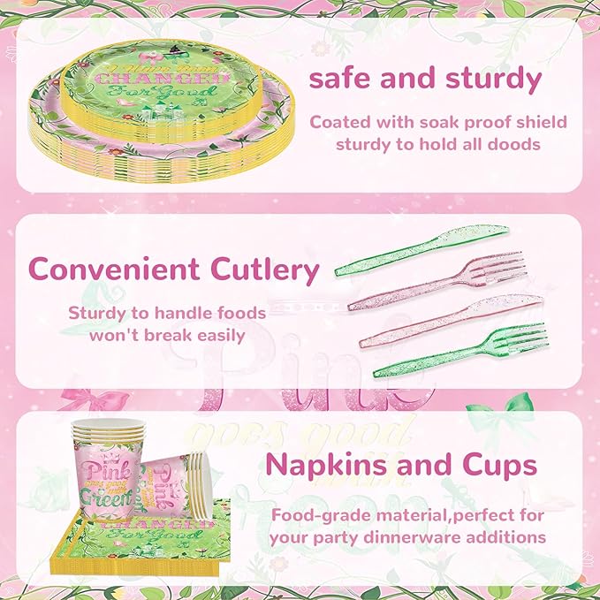 121Pcs Pink and Green Witch Party Decorations for Girls Boys Witch Movie Birthday Party Supplies Tableware Paper Plates Napkins Cups Banner Knife and Fork Baby Shower Tableware Set Serve 20 Guests