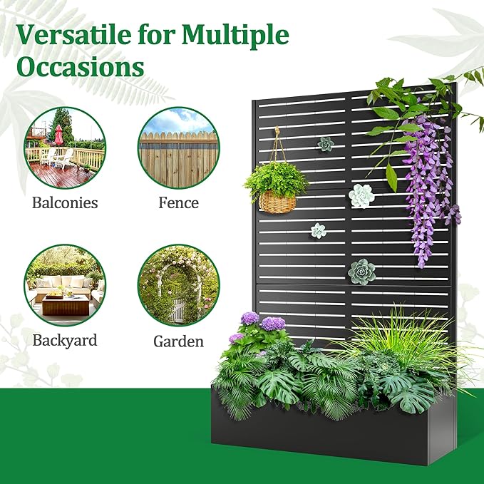 Metal Raised Garden Bed with Trellis, 2 in 1 Trellis with Planter Box & Privacy Screen for Climbing Plants, Vine, Outdoor Standing Flower Beds with Drainage Holes, 47" L x 17" W x 71" H, Black