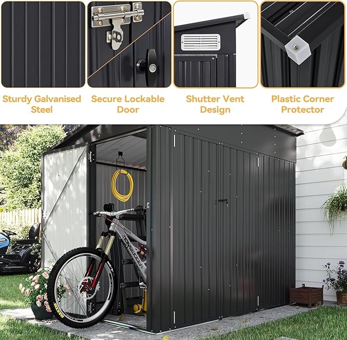 Aoxun 7.5'x4' Triple Door Shed Outdoor Storage Shed with Three Lockable Door for Easily Accessing Metal Storage Cabinet with Slopping Roof for Tools Bicycles Storage for Garden, Backyards (Black)