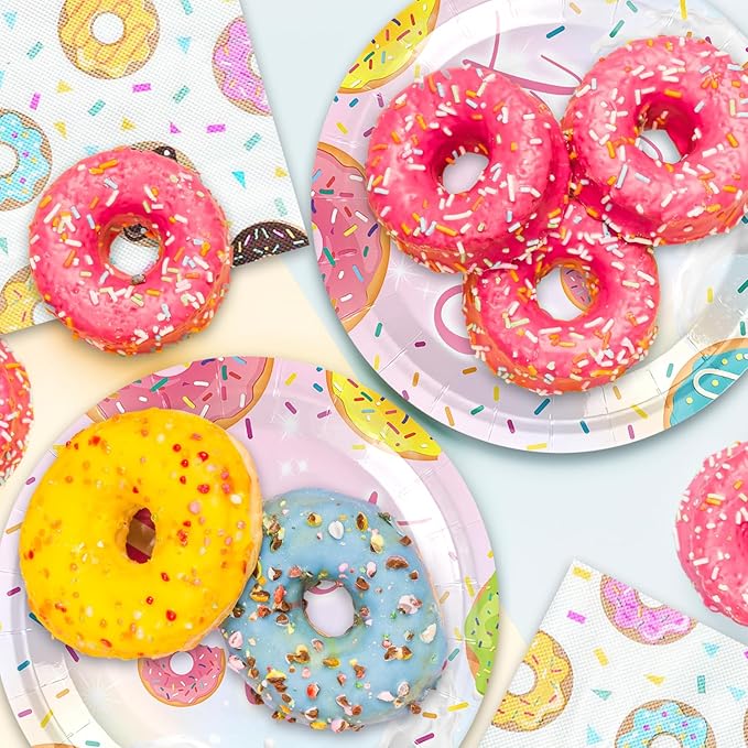 Sweet One 40Pcs Donut Party Supplies for 20 Guests - Paper Plates & Napkins for Girls' Birthday or Baby Shower Decorations