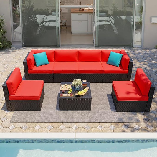 Shintenchi 7 Pieces Patio Furniture Sets Outdoor All-Weather Sectional Patio Sofa Set PE Rattan Manual Weaving Wicker Patio Conversation Set with Glass Table&Ottoman Cushion and Red Pillows, Red
