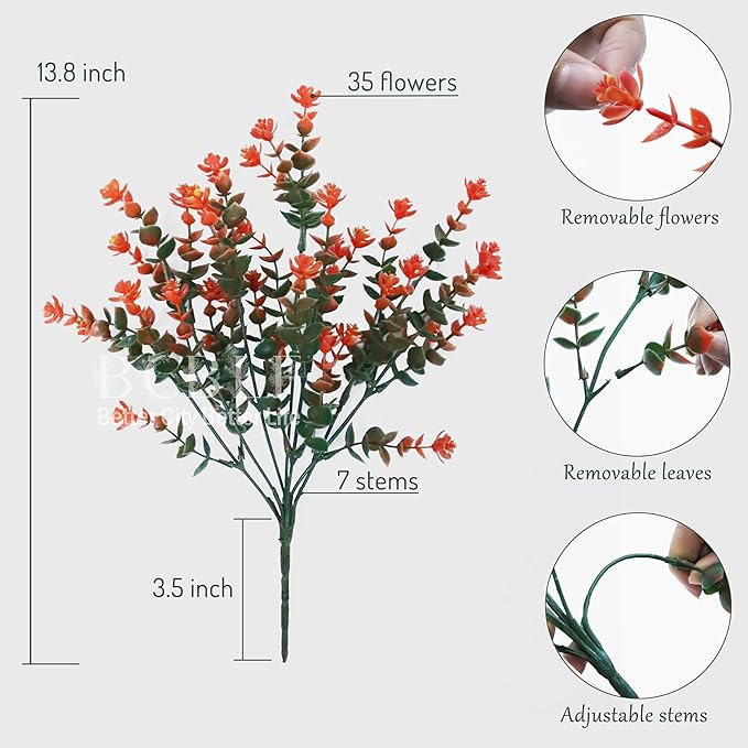 Artificial Flowers for Outdoors, 12 Bundles UV Resistant Realistic Faux Plants for Outside Porch Planter, Spring Summer Home Garden Decoration, Green Orange