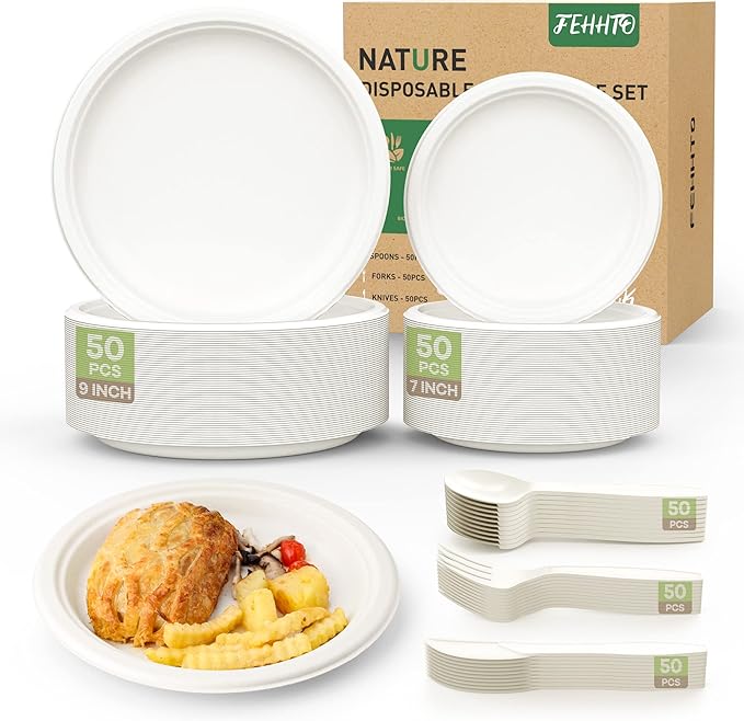 250PCS Disposable Paper Plates Set and Utensils, Compostable Dinnerware 9 and 7inch Plates, Biodegradable Paper Plates, Forks, Knives and Spoons for Party 50 People