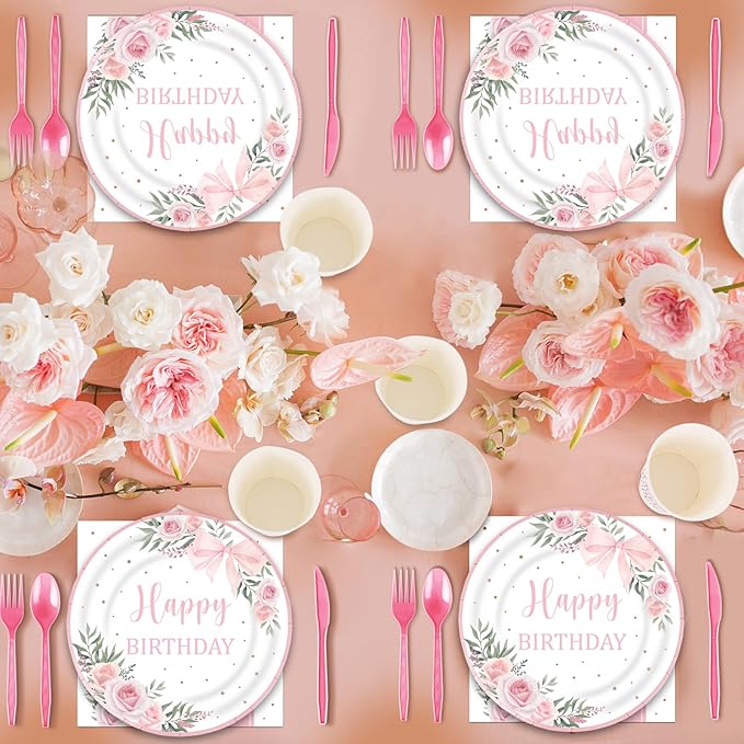 350 Pcs Coquette Pink Bow Happy Birthday Paper Plate Cute Disposable Tableware Set With Knives Fork Napinks for Baby Shower Birthday Party Favor Supplies Decorations Serves 50 Guests