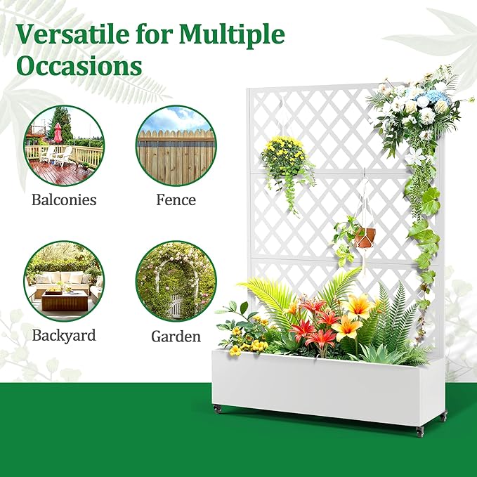Metal Raised Garden Bed with Trellis and Wheels, 2 in 1 Trellis with Planter Box & Privacy Screen for Climbing Plants, Outdoor Standing Flower Beds with Drainage Holes, 47.2''L×15.7''W×70.9''H, White