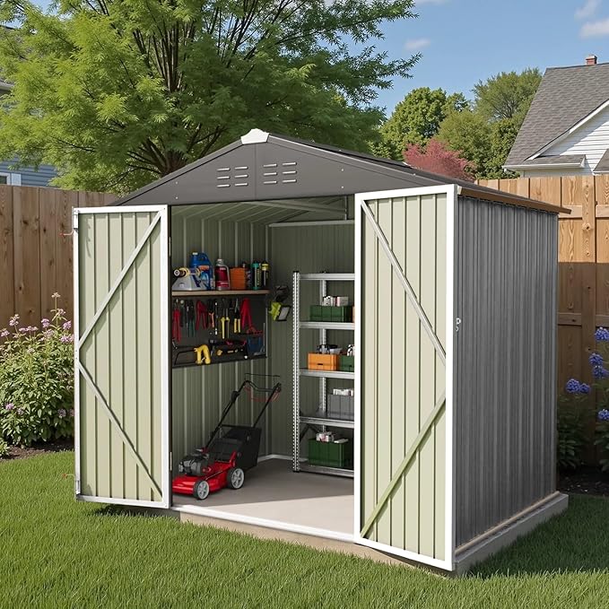 Greesum 8×6FT Outdoor Storage Shed, Metal Patio Storaged Sheds with Lockable Doors, Sheds & Outdoor Storage for Bike, Backyard, Pool and Garden, White