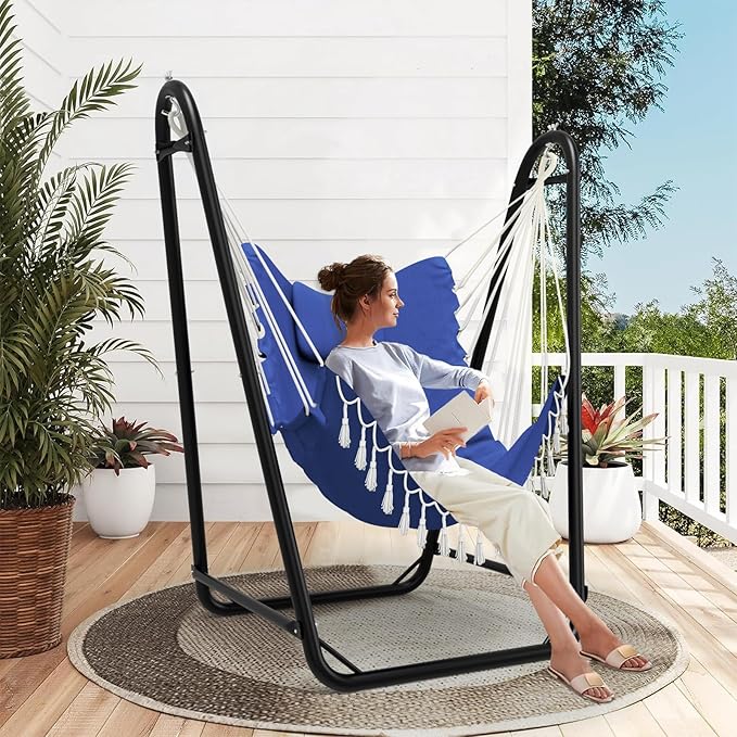 Hammock Chair with Stand,Heavy-Duty Hanging Chair with Stand, for Indoor Outdoor,Sturdy Swing Chair Stand Max Load 350 pounds(Hammock Chair Included) (Navy)