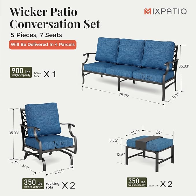 Patio Furniture Set 5 pcs, Outdoor Patio Furniture, 3-Seat Sofa, 2 Rocking Chairs, 2 Ottomans and 5.75" Extra Thick Cushion, Conversation Set for Backyard Deck,Gemstone Blue