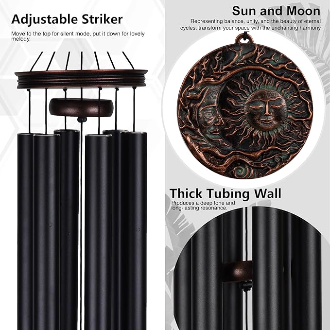 Vanquer Large Wind Chimes for Outside Deep Tone - 46'' Wind Chimes Outdoor Clearance, Memorial Windchimes, Sympathy Gift, Outdoor Décor, Patio, Home Décor, Vintage Black (46" Sun and Moon)