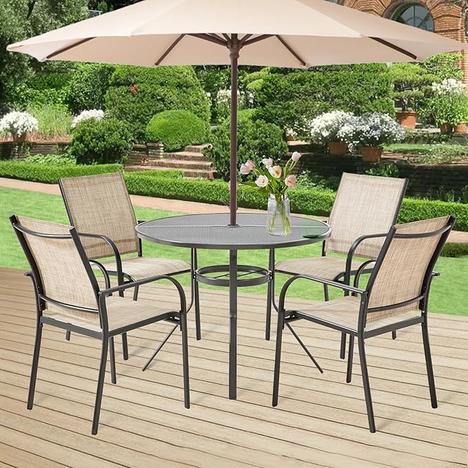 AECOJOY Patio Dining Chairs Set for 4, Stackable Textilene Patio Chairs with Armrests and Metal Frame, Outdoor Furniture Set for All Weather, Backyare, Deck and Garden, Brown