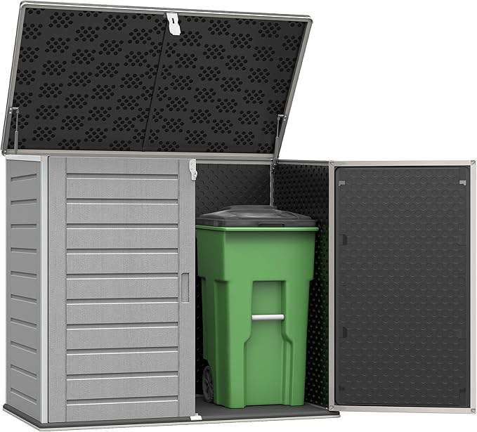 Uhomepro 4.6 Ft. X 4.1 Ft Outdoor Horizontal Storage Shed, Resin Storage Shed with Double Lockable Doors, Ideal for Garbage Can Storage and Garden Tools, Strong Water Resistance, Gray