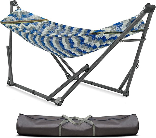Tranquillo Uniki 550 lbs Capacity Double Hammock Stand, Adjustable, Collapsible Camping Hammock and Stand, Signature Steel Stand Breathable Polyester Hammock Net, Chevron