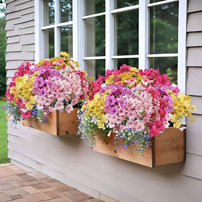 Grever 24 Bundles Artificial Flowers for Outdoor 6 Multicolor UV Resistant Fake Plastic Flowers Faux Plants for Wedding Farmhouse Garden Porch Window Box Indoor Decoration