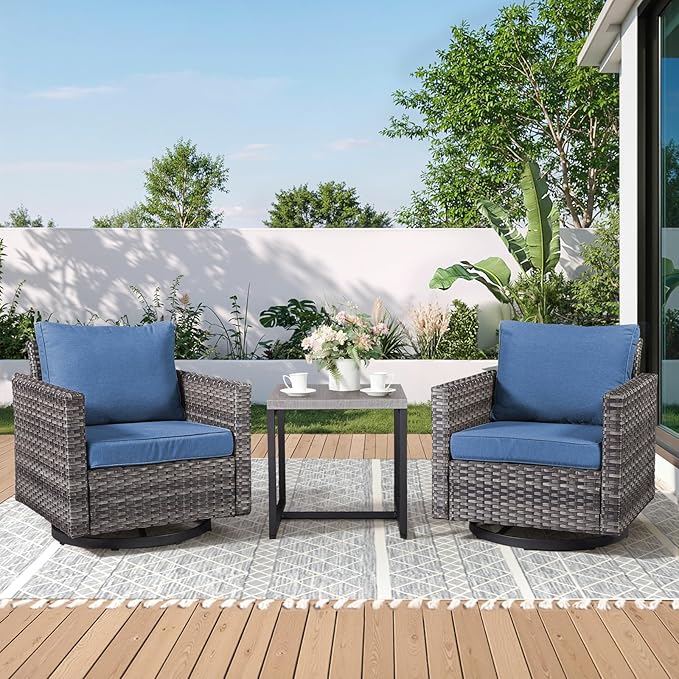 Outdoor Swivel Rocker Patio Chairs-3 Pieces Wicker Swivel Patio Chairs Set of 2 with Matching Side Table, Thick Cushions High Back Outdoor Furniture Set for Deck Porch Balcony(Grey/Blue)