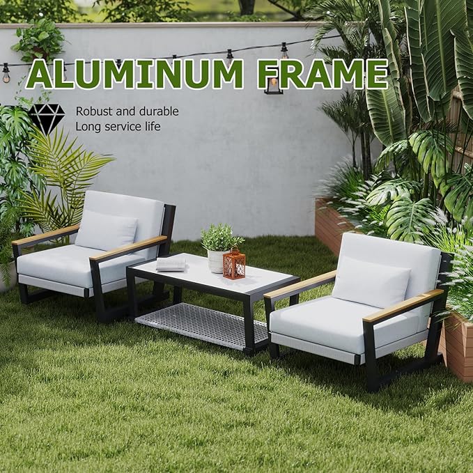 Aluminum Outdoor Patio Furniture Set 5 Seat, Patio Conversation Set with Durable Mesh Rope Weaving, Wide Armrests and Seats, Metal Sofa Set for Patio Grey