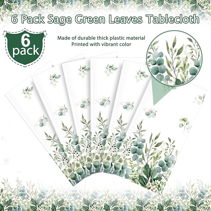 6 Pack Spring Sage Green Baby Shower Plastic Tablecloth, Eucalyptus Leaf Disposable Table Cover, Summer Rectangle Table Cloth for Bridal Baby Shower Birthday Wedding Party Decorations, 54x108 Inch