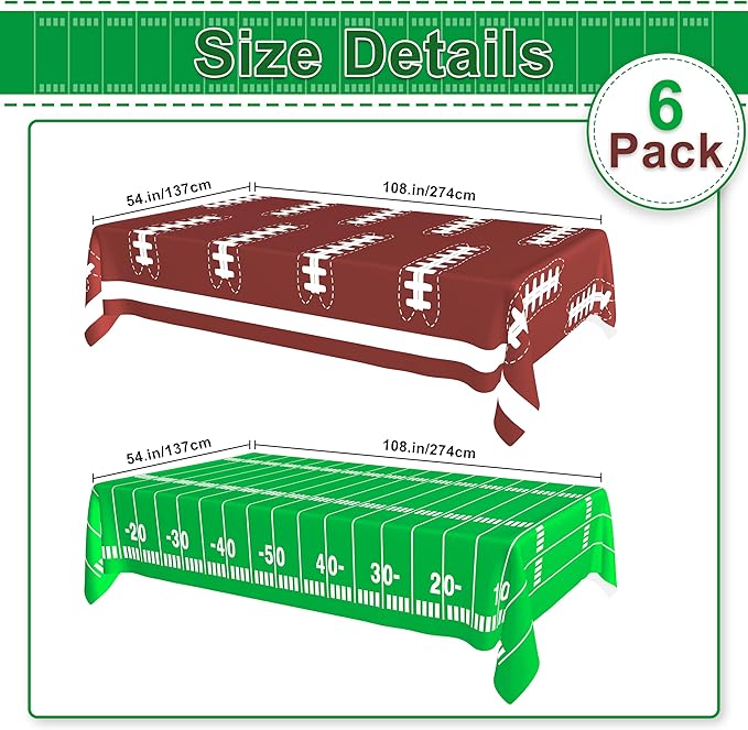 6 Pack Football Party Decorations Disposable Tablecloth, Plastic Touchdown Table Cover, 54x108 in Waterproof Tablecloth for Birthday Party Picnic Football Party Game Football Gameday, GB-1130