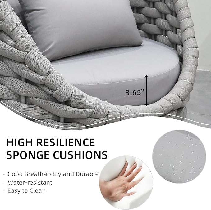 TWT 3 Pieces Aluminum Patio Furniture Set, Hand Woven Textilene Rope Outdoor Sofa Set w/Washable Cushion and Rock Slab Tabletop, Conversation Furniture for Livingroom Poolside Balcony (Grey)