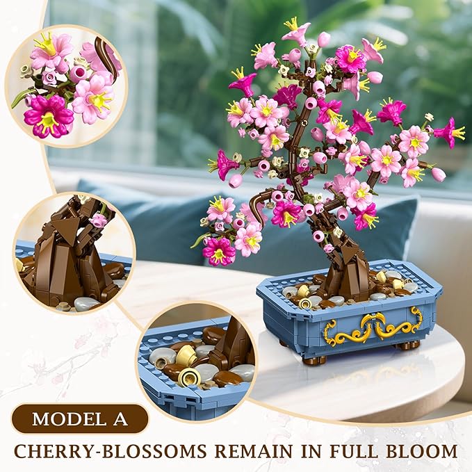 HOGOKIDS Flowers Cherry-Blossom Bonsai Building Set - 2 in 1 Artificial Bonsai Tree Plants for Home Decor & Display Cherry Botanical Flowers Building Toy Birthday Gift for Adults Teens (775PCS)