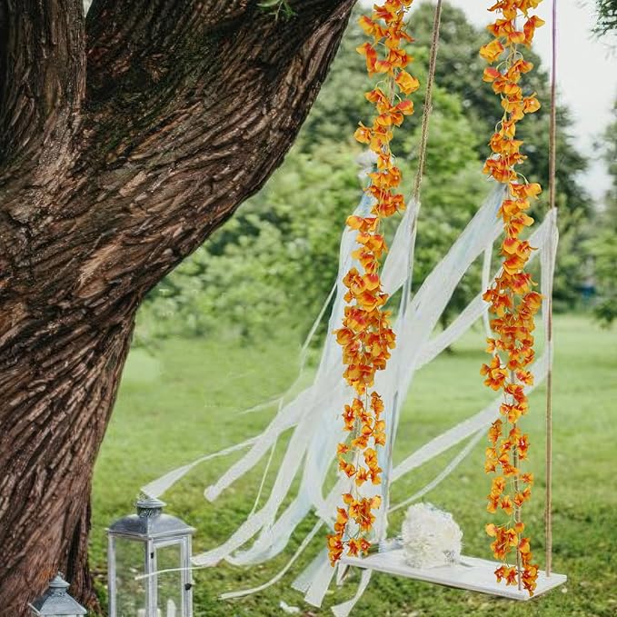 2 Pcs Artificial Bougainvillea Flowers Garland Fake Silk Bougainvilleas Vines Trailing Orange Faux Hanging Flowers Plants Bougainvillea Artificial for Porch Wedding Arch Spring Summer Decor