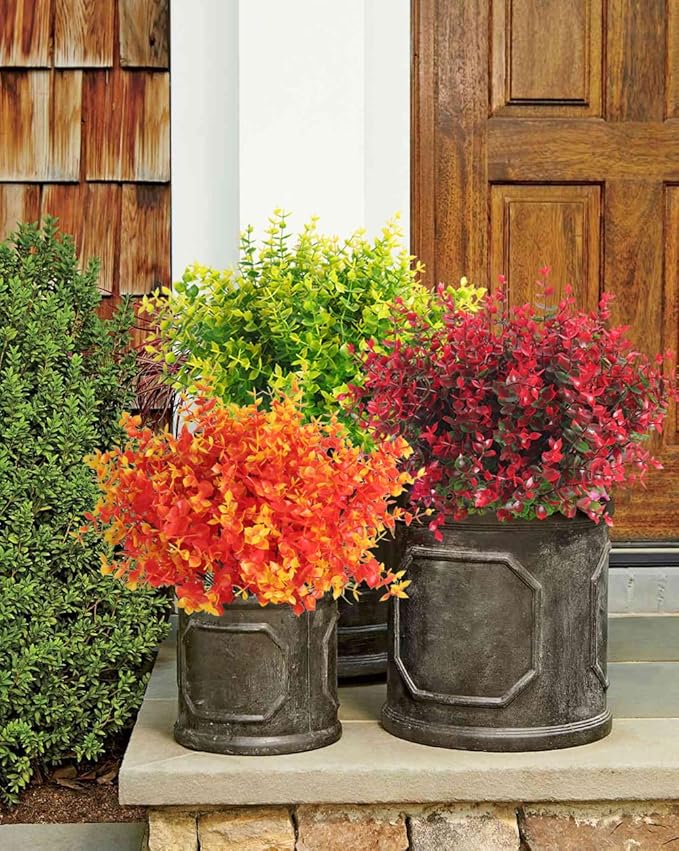 RECUTMS Artificial Outdoor Mums Artificial Eucalyptus Stems Faux Outdoor Boxwoods Faux Flowers for Outside Planters Outdoor Fake Potted Plants Faux Ferns for Outdoor Planter Large(Gold Eucalyptus)