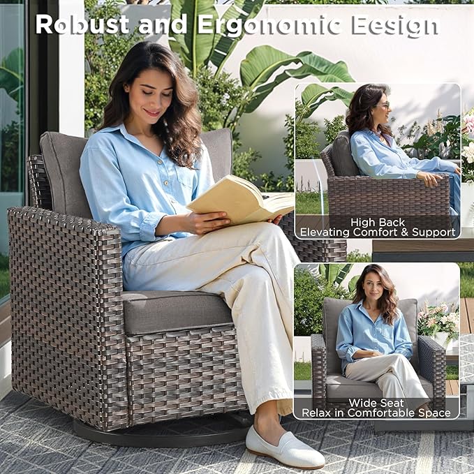 Outdoor Swivel Rocker Patio Chairs-3 Pieces Wicker Swivel Patio Chairs Set of 2 with Matching Side Table, Thick Cushions High Back Outdoor Furniture Set for Deck Porch Balcony(Brown/Grey)