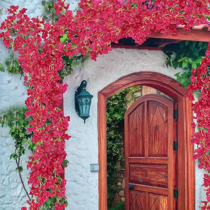 2 Pcs Artificial Bougainvillea Flowers Garland Fake Silk Bougainvilleas Vines Trailing Rose Red Faux Hanging Flowers Plants Bougainvillea Artificial for Porch Wedding Arch Spring Summer Decor