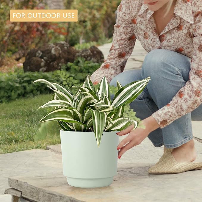 kubvici Indoor Plant Pots Set of 2 Planters 8 inch Plastic Planter with Hole & Saucer Modern Decorative for Outdoor Garden Home (Green, 8 inch)