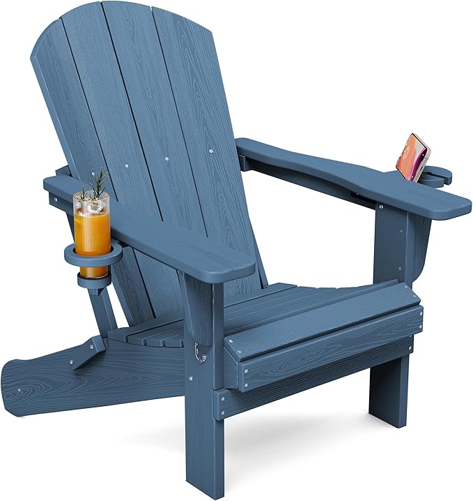 SERWALL Folding Adirondack Chair, Dual Cup Holders & All-Weather HDPE, Wood-Like Patio Chair for Backyard, Camping，Pool & Fire Pit- Navy