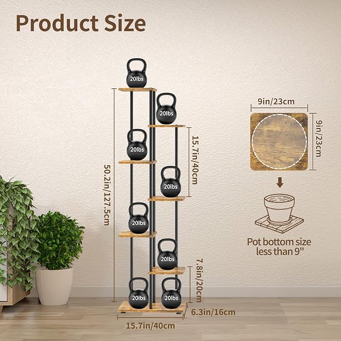 LASZOLA Black 6 Tiered Wood Plant Stand Indoor for Larger Heavy Duty Planter, Sturdy Multi Level Vertical Flowers Racks for Narrow Inside Floor, Decorate Shelving for Hold House Tree, Space Saving