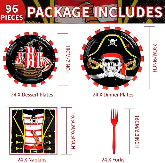 96Pcs Pirate Birthday Party Decorations Pirates Treasure Plates and Napkins Tableware Set Red Gingham Pirate Decorations for Kids Adult Baby Shower Halloween Skull Birthday Party Supplies Serves 24 ﻿